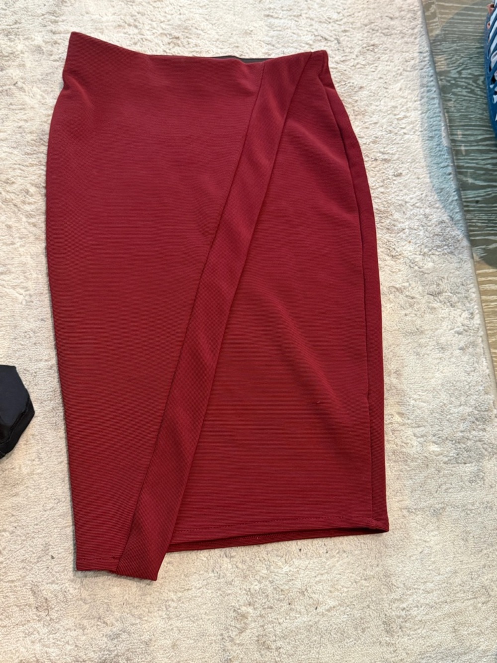Classic Burgundy Pencil Skirt with Front Overlap